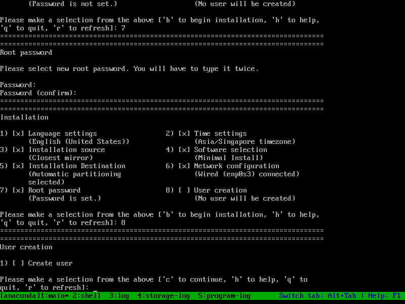 Set root's password and create user